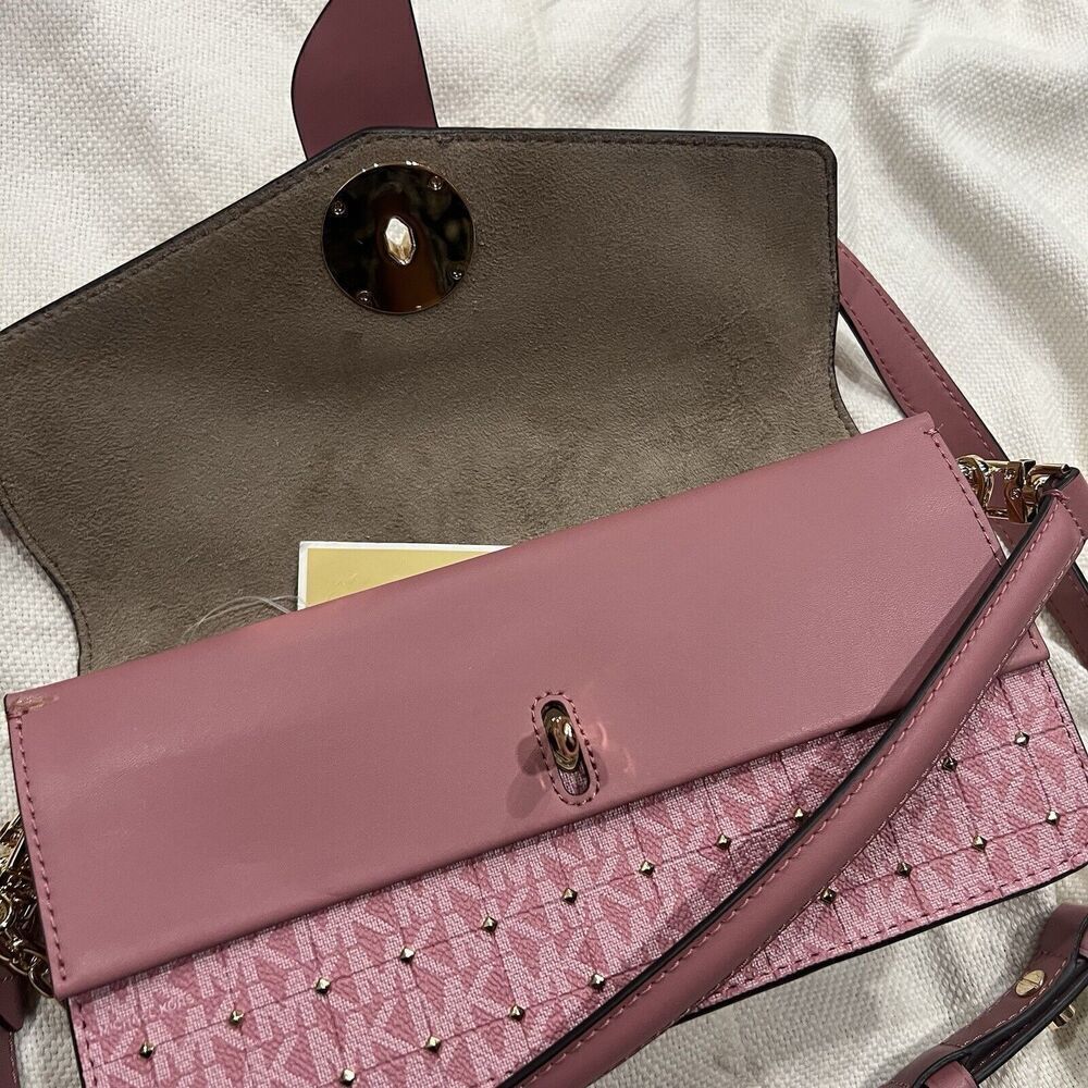 MICHAEL KORS Greenwich Quilted Faux Leather Studded Shoulder Crossbody Rose NWT - Picture 11 of 15